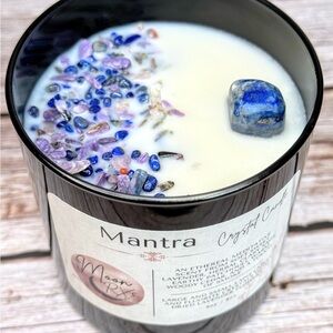 Mantra Crystal Candle, Ethereal scent, lapis lazuli, charoite, fluorite crystals